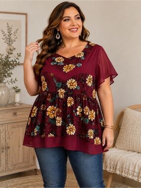 Rosegal 2X Burgundy Floral Chiffon Flutter Sleeve Tunic Blouse Plus Size